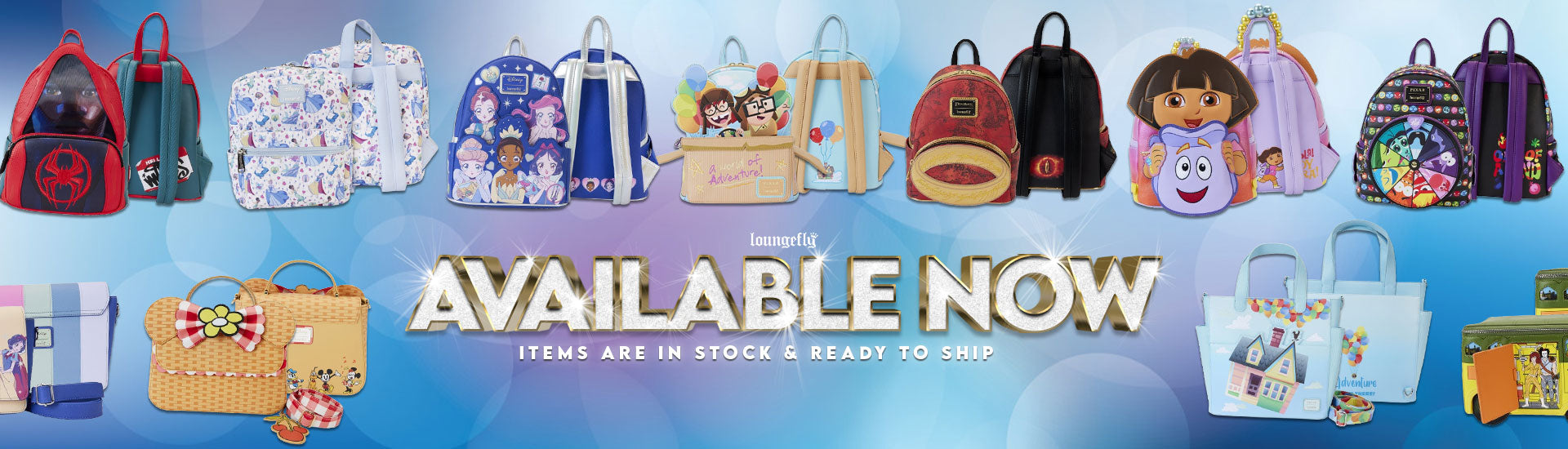 New Loungefly Collection is in stock and ready to ship featuring bags from your favorite fandoms like Up, Lord of the Rings, Disney Princesses, Dora the Explorer and more!