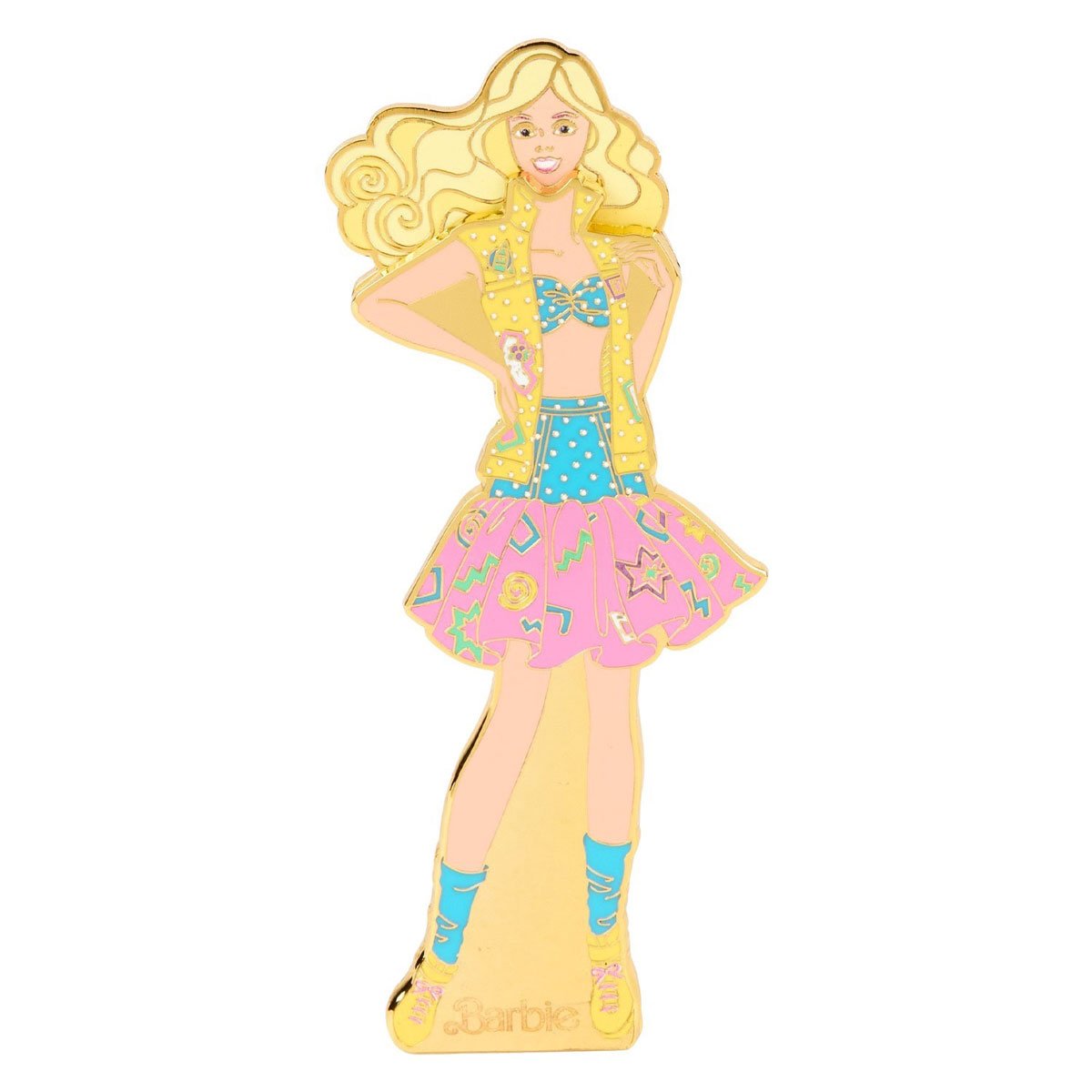 Magnetic pin of Barbie in a vibrant 80s outfit, featuring a pink skirt, blue top, yellow jacket, and blue shoes, with her blonde hair styled in curls, part of the 65th anniversary collection."