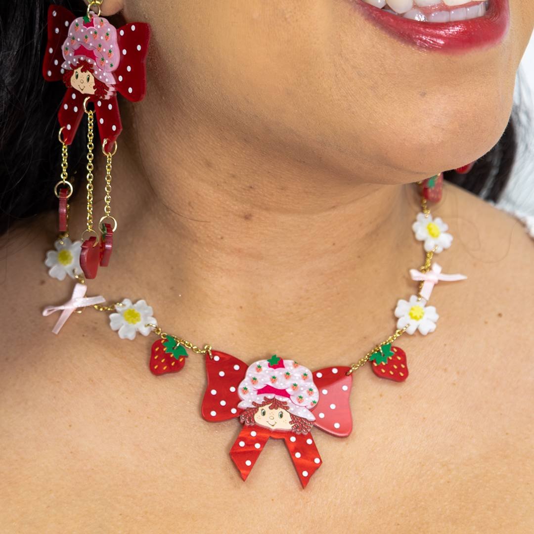 Whatever Makes You Happy Strawberry Shortcake Berry Bow Acrylic Necklace
