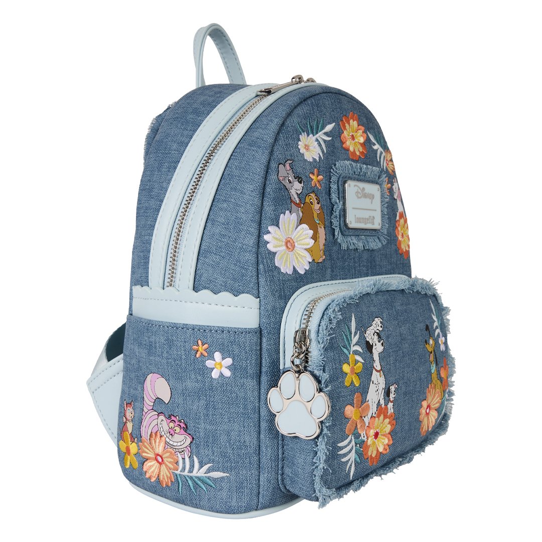Loungefly Disney Dogs &amp; Cats Floral Faux Denim Fringe Mini Backpack