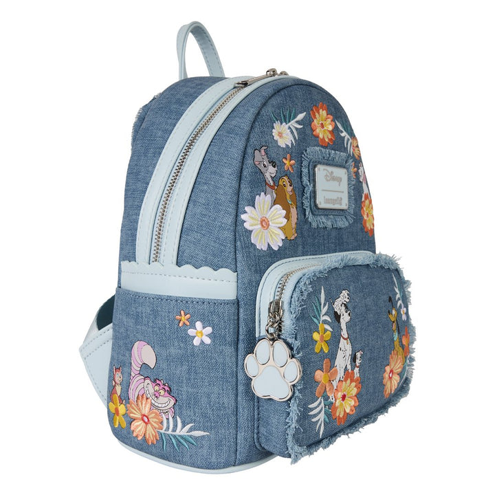 Loungefly Disney Dogs &amp; Cats Floral Faux Denim Fringe Mini Backpack
