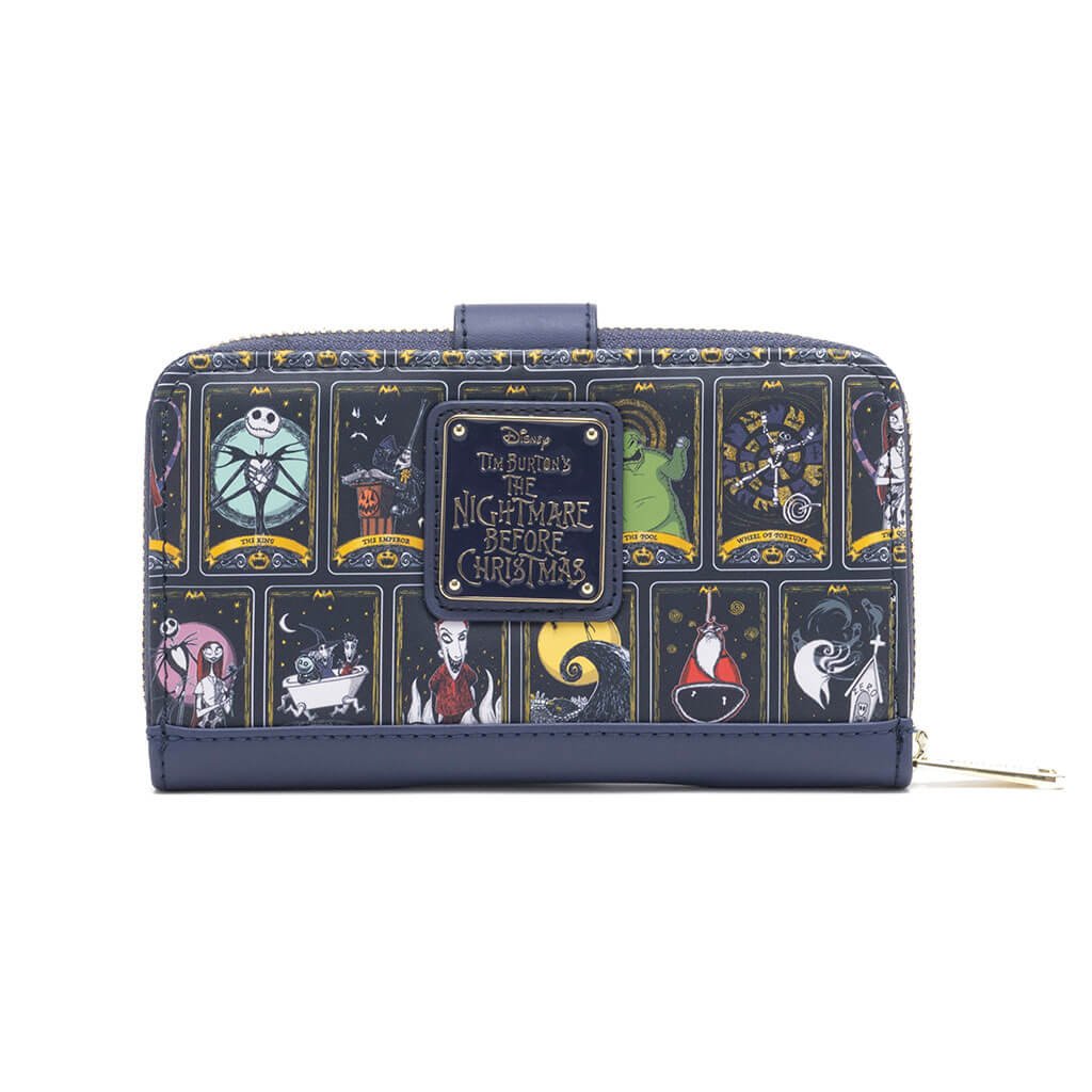 The back view of the Loungefly Disney Nightmare Before Christmas Tarot Wallet, showcasing the allover print of tarot cards with characters from the movie and the Nightmare Before Christmas logo.