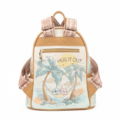 The rear view of the backpack, showcasing Stitch and Angel in a hammock under palm trees with the phrase "Hug It Out" above them. The backdrop features soft pastel colors and whimsical cloud illustrations.