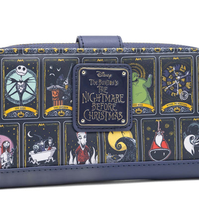 A close-up back view of the Loungefly Disney Nightmare Before Christmas Tarot Wallet, detailing the tarot card print with characters like Jack Skellington, Sally, and Oogie Boogie.