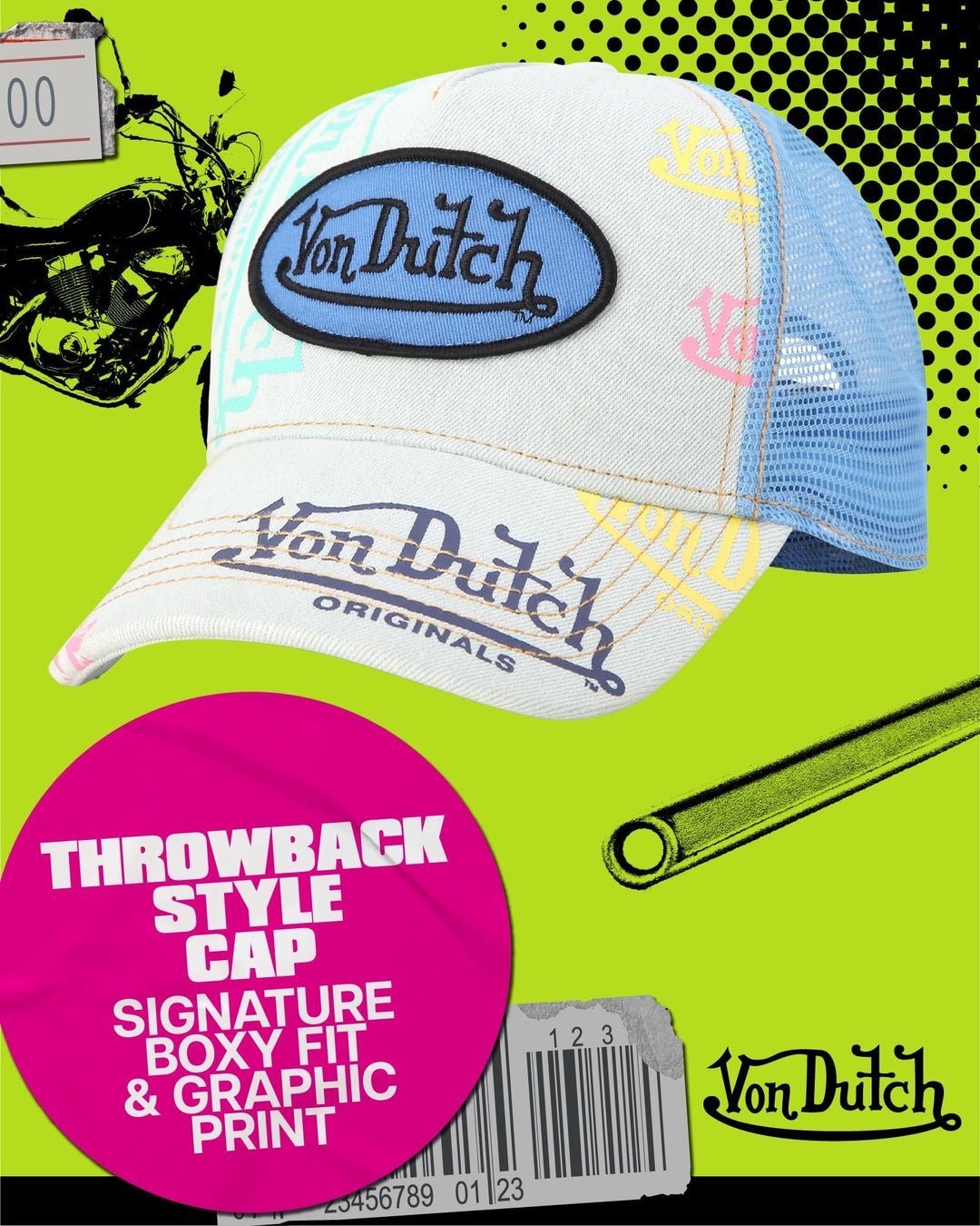 Von Dutch Monogram Trucker Cap - Retro Snapback Cap for Men and Women - Adjustable Snap Fit Panel, Mesh Rear, Curved Bill