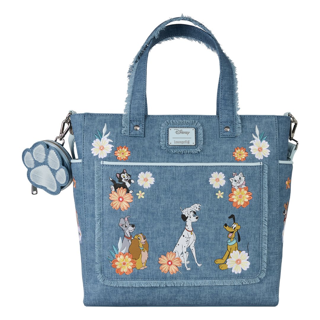 671803545236 - Loungefly Disney Dogs &amp; Cats Floral Faux Denim Convertible Backpack &amp; Tote Bag with Coin Bag - front  