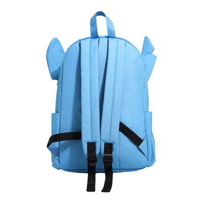 Back view of the blue nylon backpack showing the adjustable padded shoulder straps and a top handle.