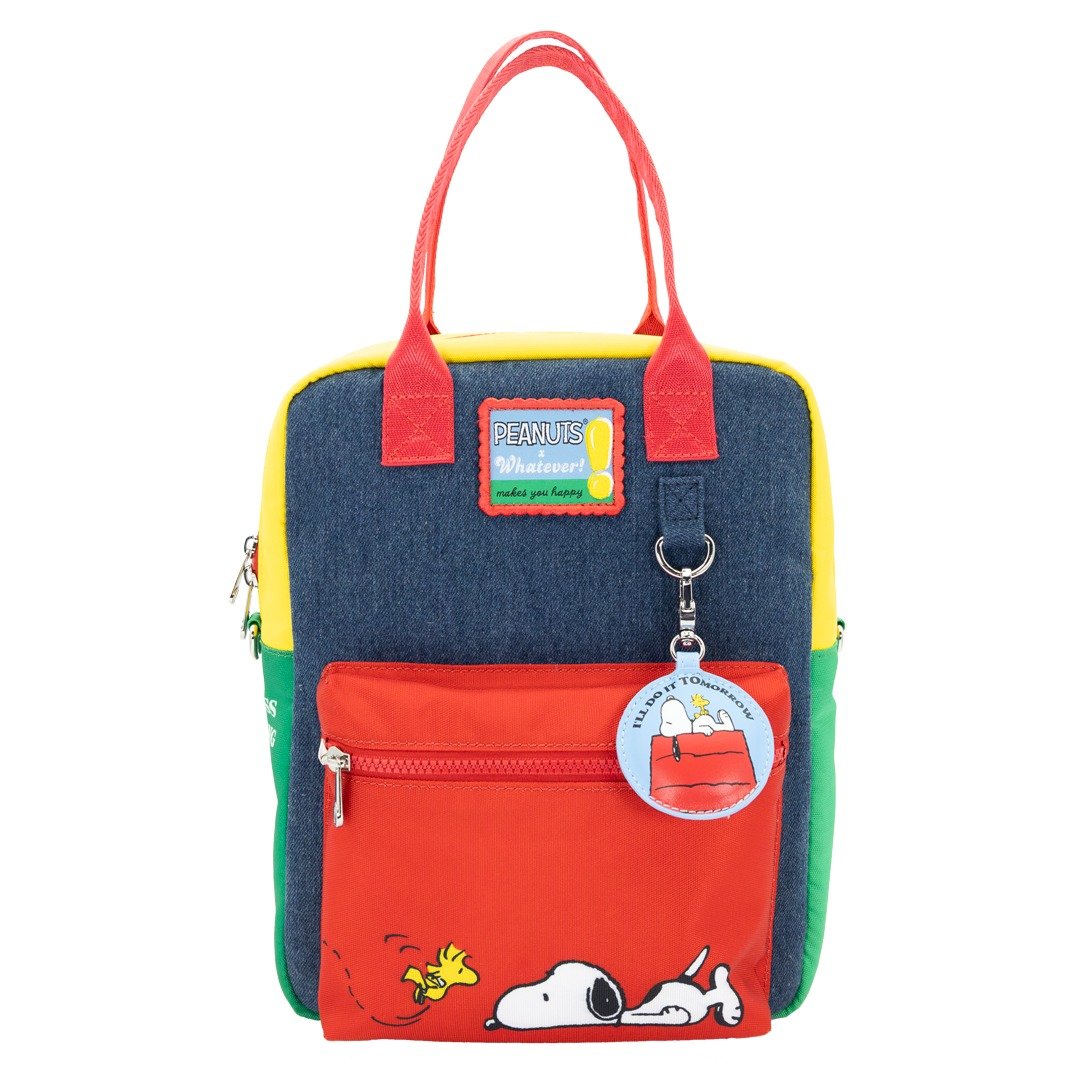 Whatever Makes You Happy Peanuts 75th Anniversary Color Block Denim &amp; Canvas Convertible Bag