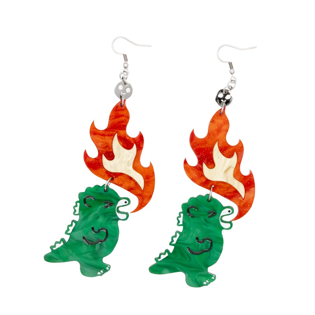 Whatever Makes You Happy Chibi Godzilla Raids Again Breathing Fire Acrylic Earrings