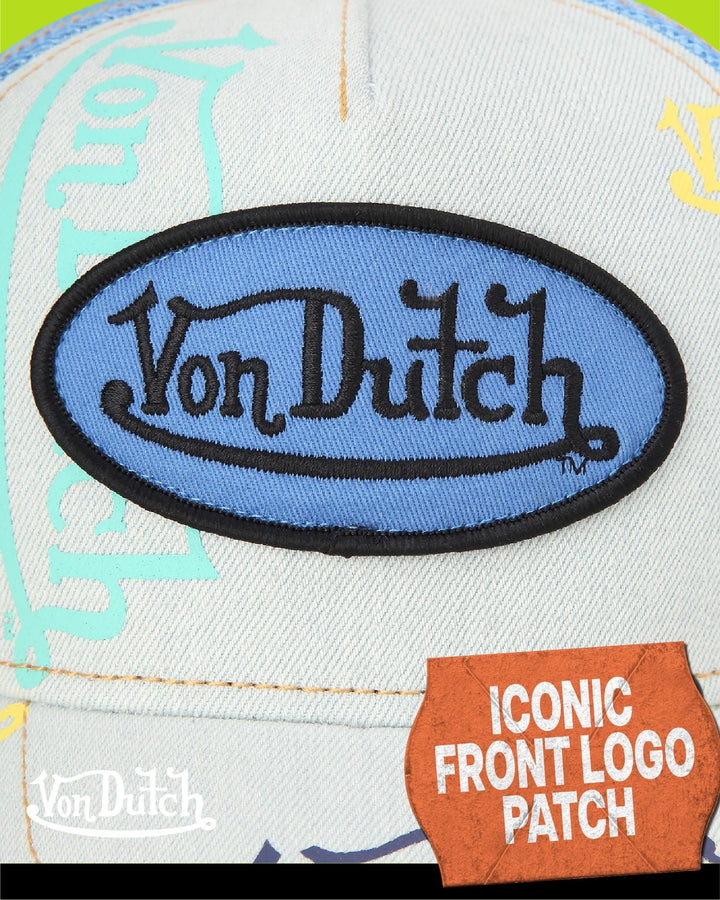 Von Dutch Monogram Trucker Cap - Retro Snapback Cap for Men and Women - Adjustable Snap Fit Panel, Mesh Rear, Curved Bill