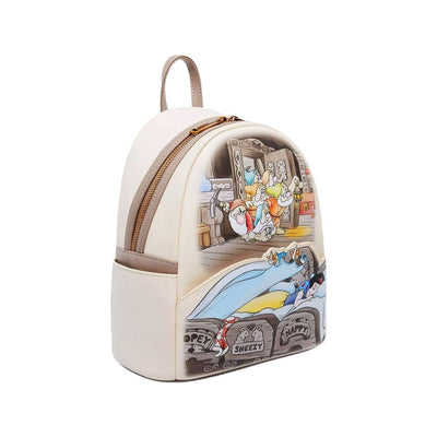 The mini backpack showing a front-right side angle, highlighting the same Snow White and seven dwarfs illustration. The zipper and side pockets are visible.