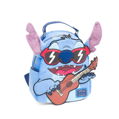 A angled front view of the Loungefly Disney Lilo & Stitch Ukulele Cosplay Mini Backpack - 707 Street Exclusive, featuring Stitch with red sunglasses and a ukulele.