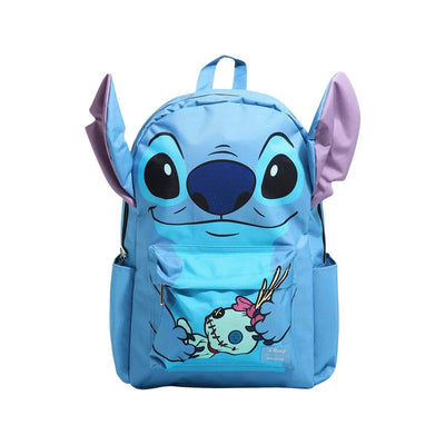 Front view of the entire blue nylon backpack displaying Stitch's face with large, purple inner ears and holding Scrump on the front pocket, with a Disney Loungefly logo on the bottom corner.