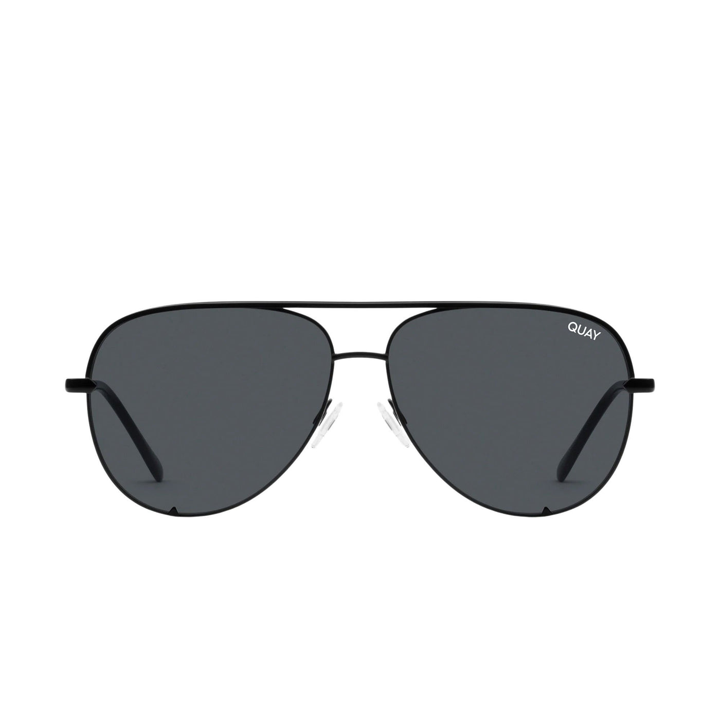 Black Frame and Smoke Polarized Fade Aviator Sunglasses Front View: Front view of Quay Australia Unisex High Key Mini Classic Aviator Sunglasses with a black frame and smoke polarized fade polarized lenses, emphasizing the classic aviator style and Quay branding.