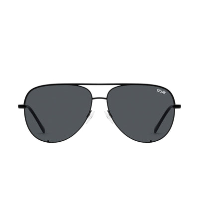 Black Frame and Smoke Polarized Fade Aviator Sunglasses Front View: Front view of Quay Australia Unisex High Key Mini Classic Aviator Sunglasses with a black frame and smoke polarized fade polarized lenses, emphasizing the classic aviator style and Quay branding.