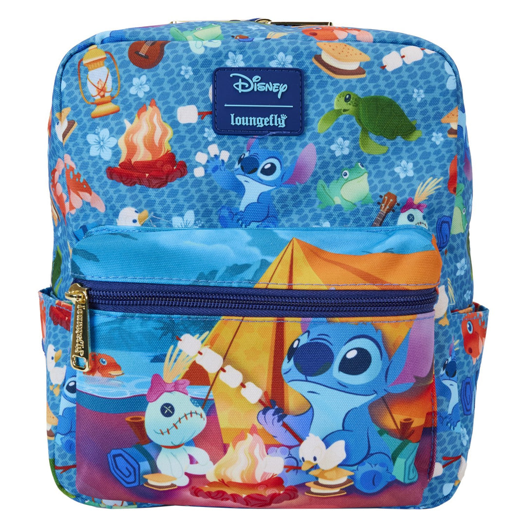 WDBK3646 - Loungefly Disney Lilo &amp; Stitch Camping Cuties Allover Print Nylon Mini Backpack - Front