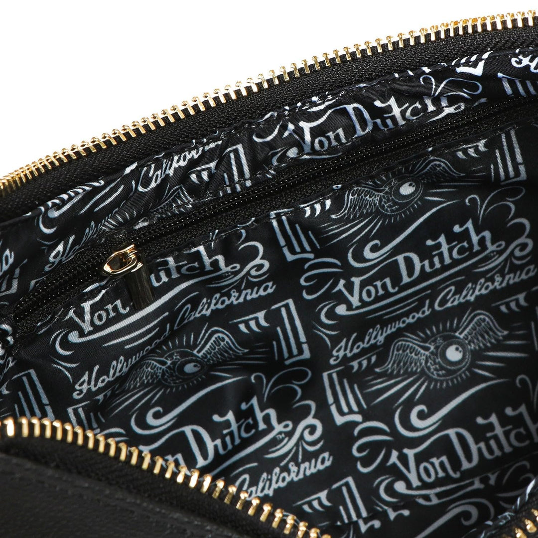 Von Dutch Womens Classic Shoulder Bag – Stylish Handbag with Adjustable Strap, Spacious Interior, and Iconic Logo Design (Black and Gold)