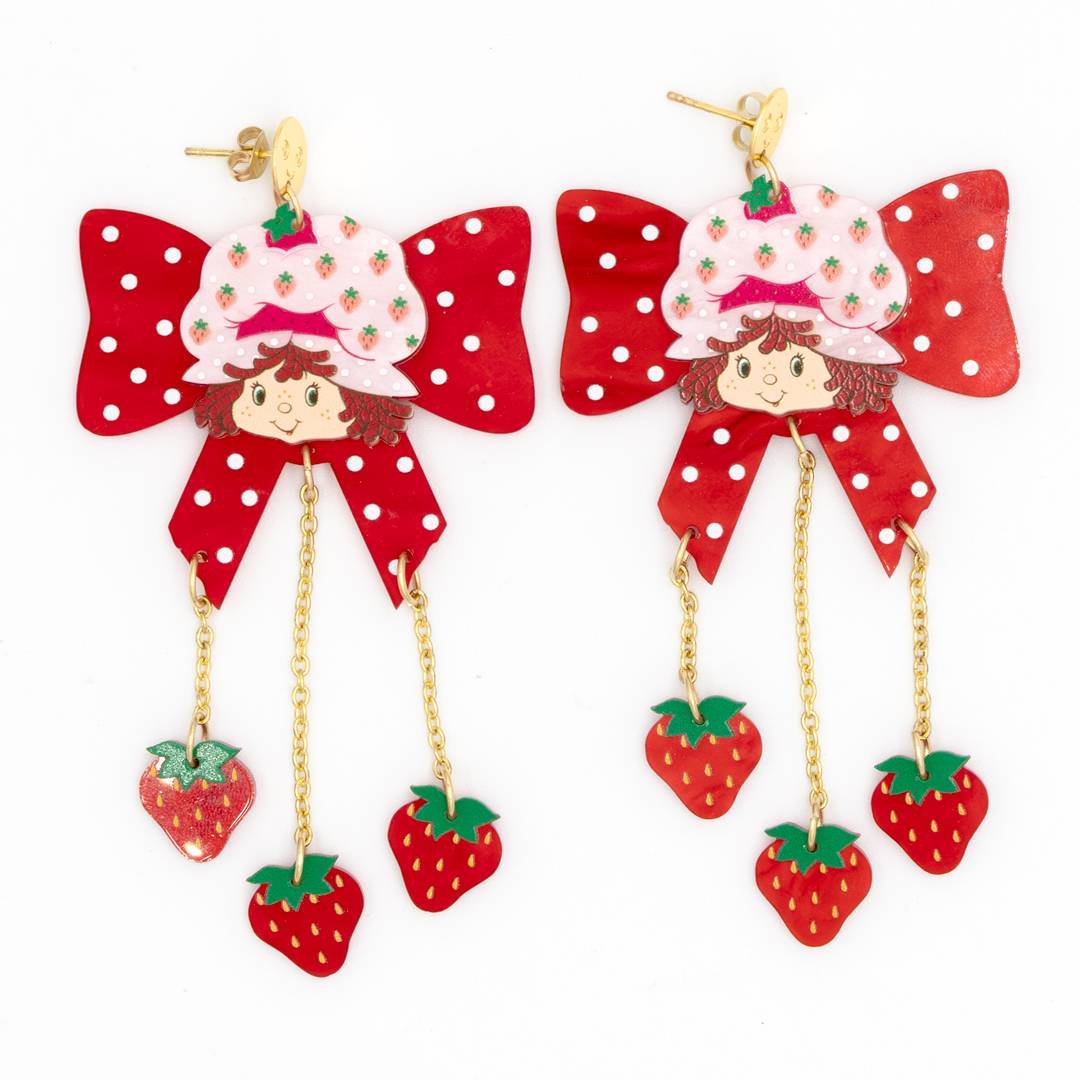 Whatever Makes You Happy Strawberry Shortcake Bow Berries Acrylic Earrings