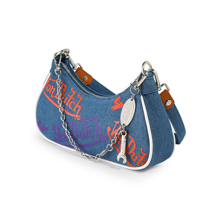 Von Dutch Womens Graphic Shoulder Bag – Stylish Handbag with Adjustable Strap, Spacious Interior, and Iconic Logo Design (Orange and Purple Multi-Logo Denim)