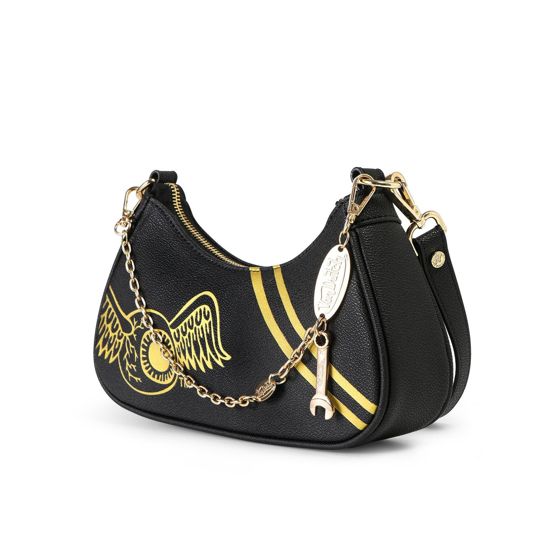 Von Dutch Womens Classic Shoulder Bag – Stylish Handbag with Adjustable Strap, Spacious Interior, and Iconic Logo Design (Black and Gold)