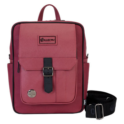 Front view of Loungefly COLLECTIV Pokemon ARTST Convertible Bag in maroon with black buckle and detachable strap.