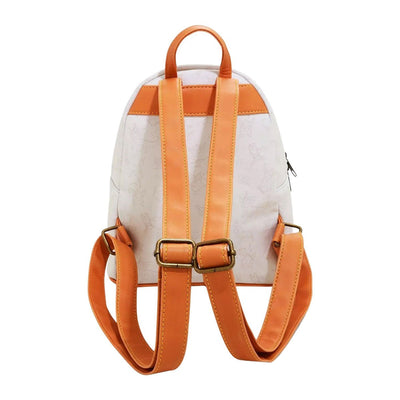 The back of the Loungefly Pokémon Eevee & Eeveelutions Mini Backpack with orange adjustable straps and a top handle. The straps and handle are securely attached, and the overall design shows subtle Pokémon outlines on the fabric.