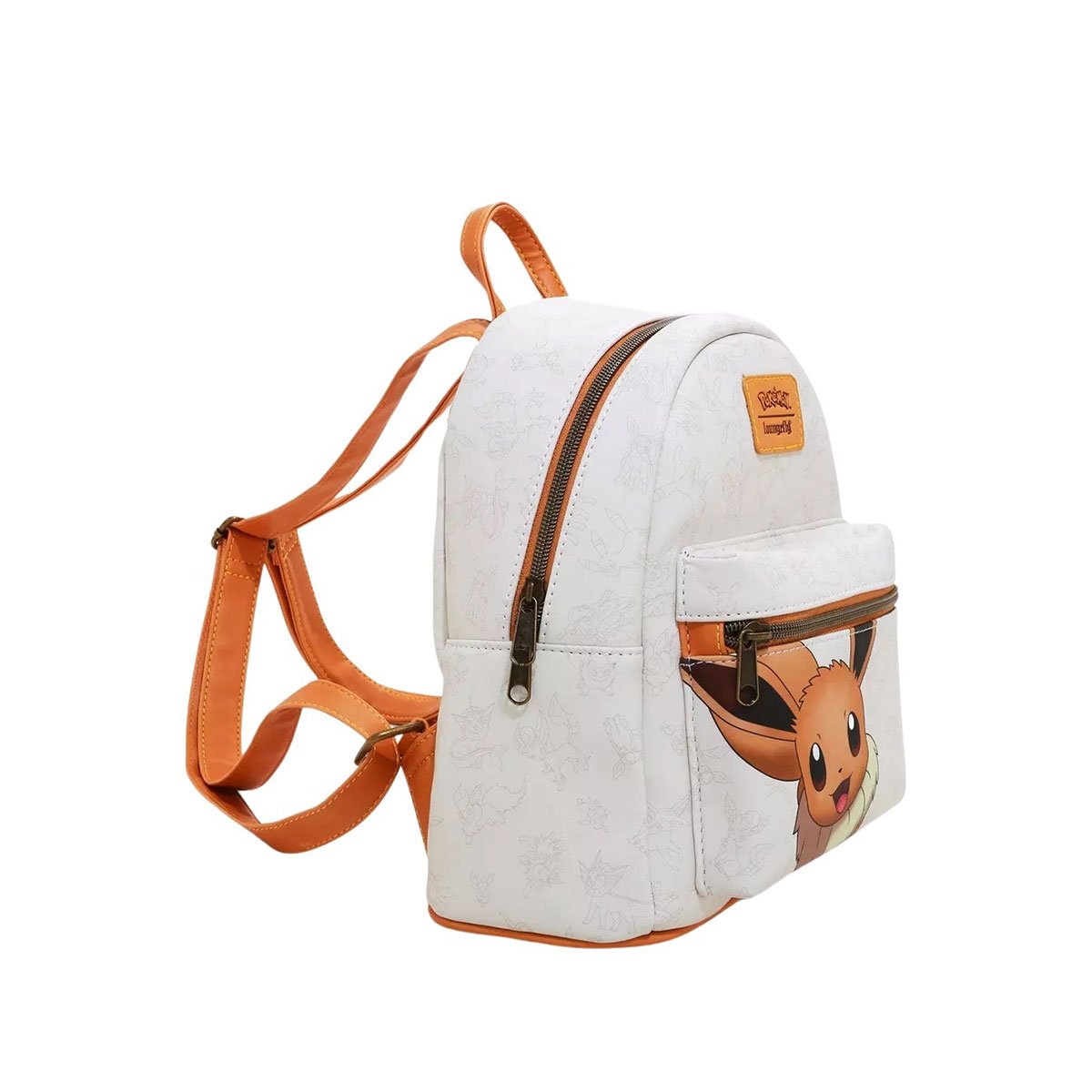 A side view of the Loungefly Pokémon Eevee & Eeveelutions Mini Backpack. The side profile shows the orange zippers, handle, and adjustable straps, as well as the detailed Pokémon outlines on the fabric.