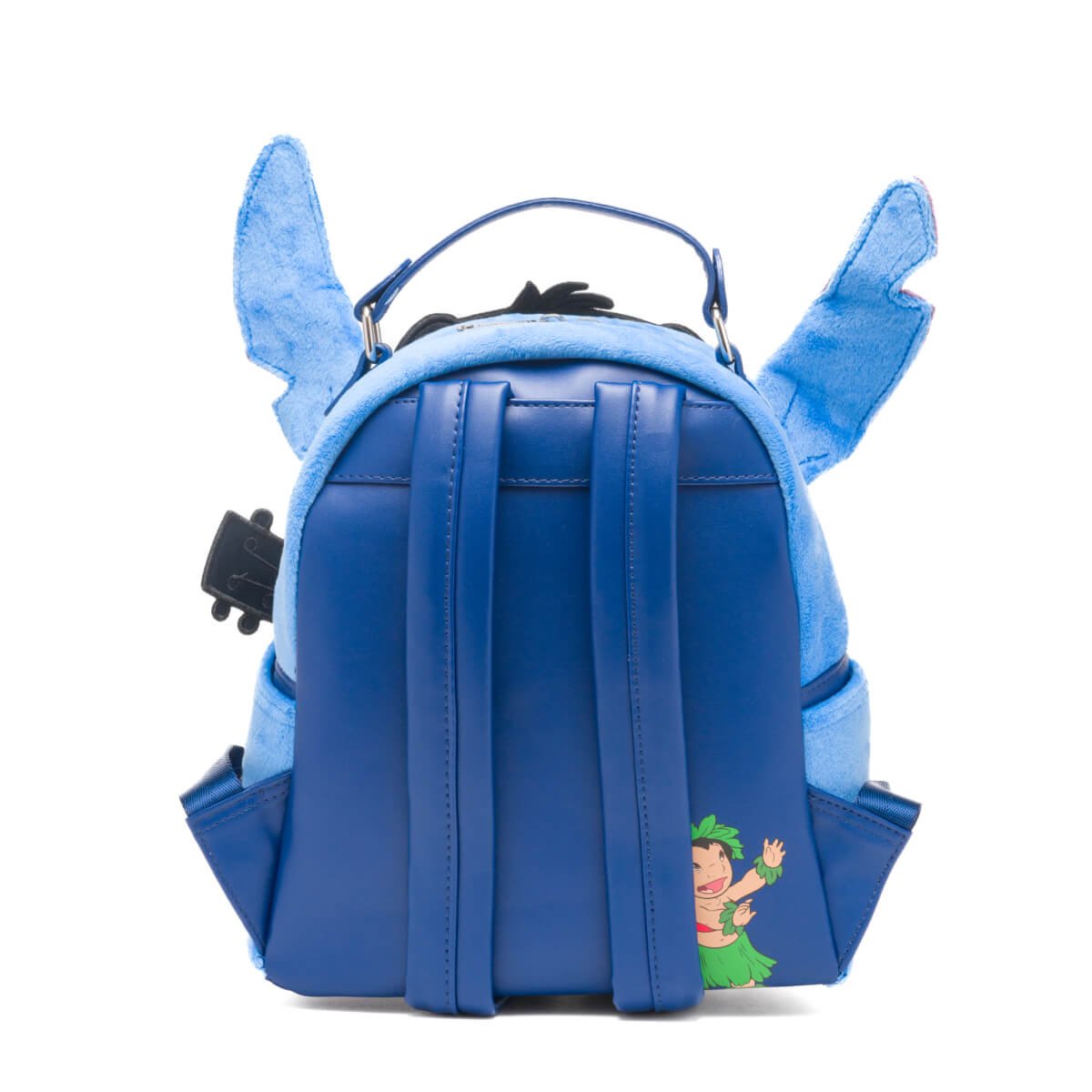 The back of the backpack shows blue leather adjustable straps and a small image of Lilo in a hula outfit at the bottom corner.