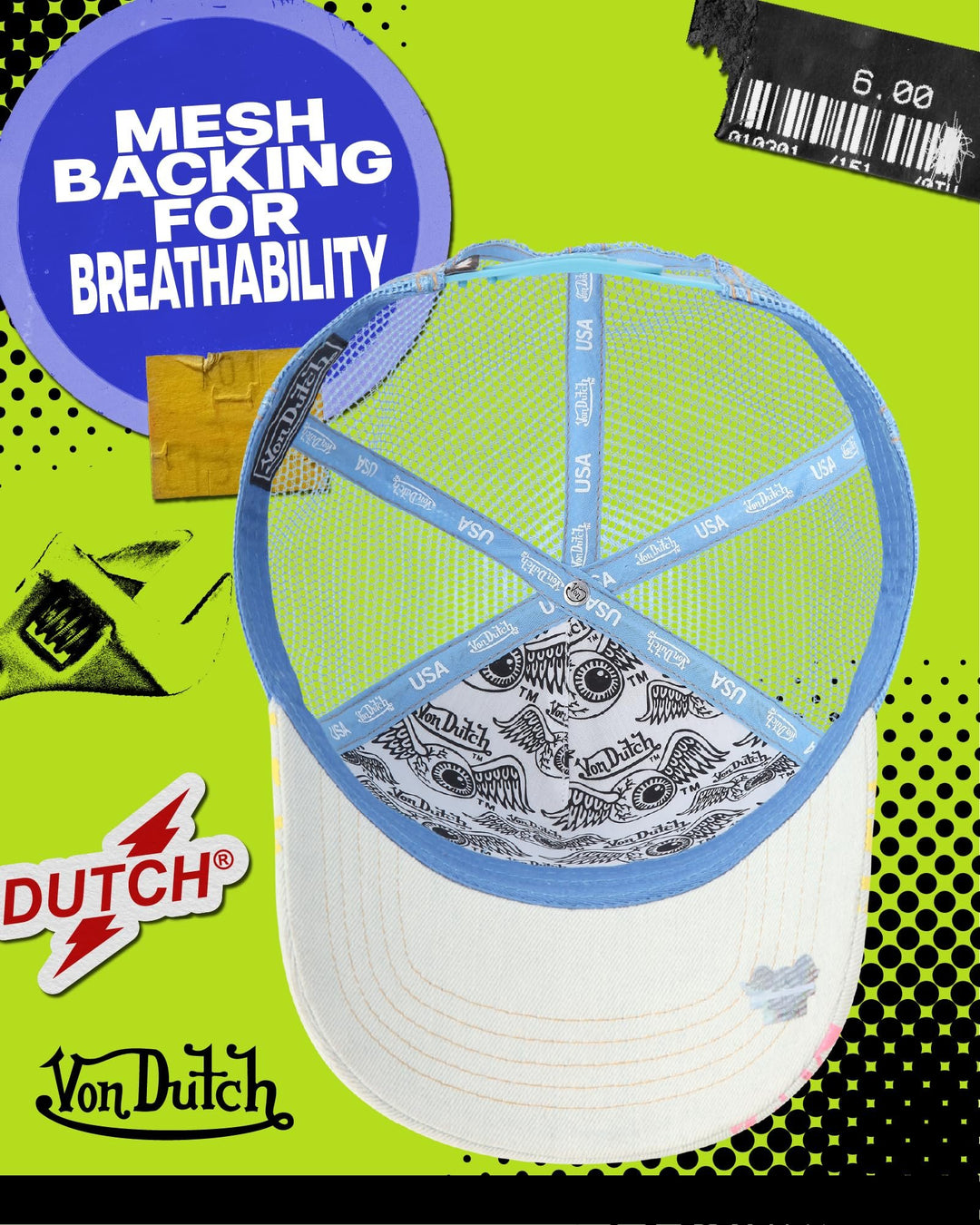 Von Dutch Monogram Trucker Cap - Retro Snapback Cap for Men and Women - Adjustable Snap Fit Panel, Mesh Rear, Curved Bill