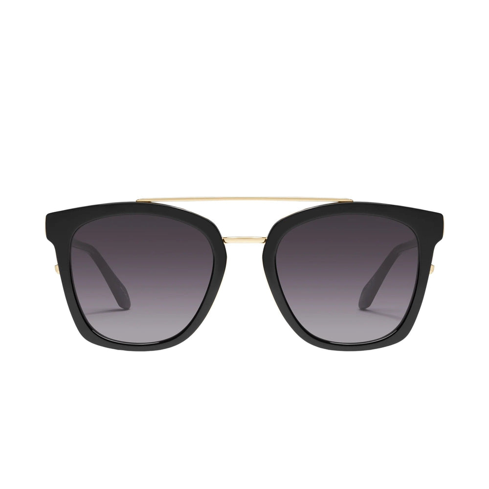 Front view of Quay Australia Sweet Dreams sunglasses with a square black frame, black fade gradient lenses, and metal brow bar