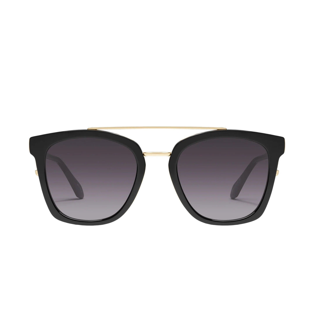 Front view of Quay Australia Sweet Dreams sunglasses with a square black frame, black fade gradient lenses, and metal brow bar