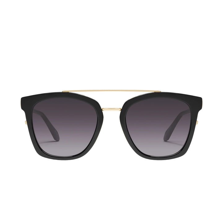 Front view of Quay Australia Sweet Dreams sunglasses with a square black frame, black fade gradient lenses, and metal brow bar