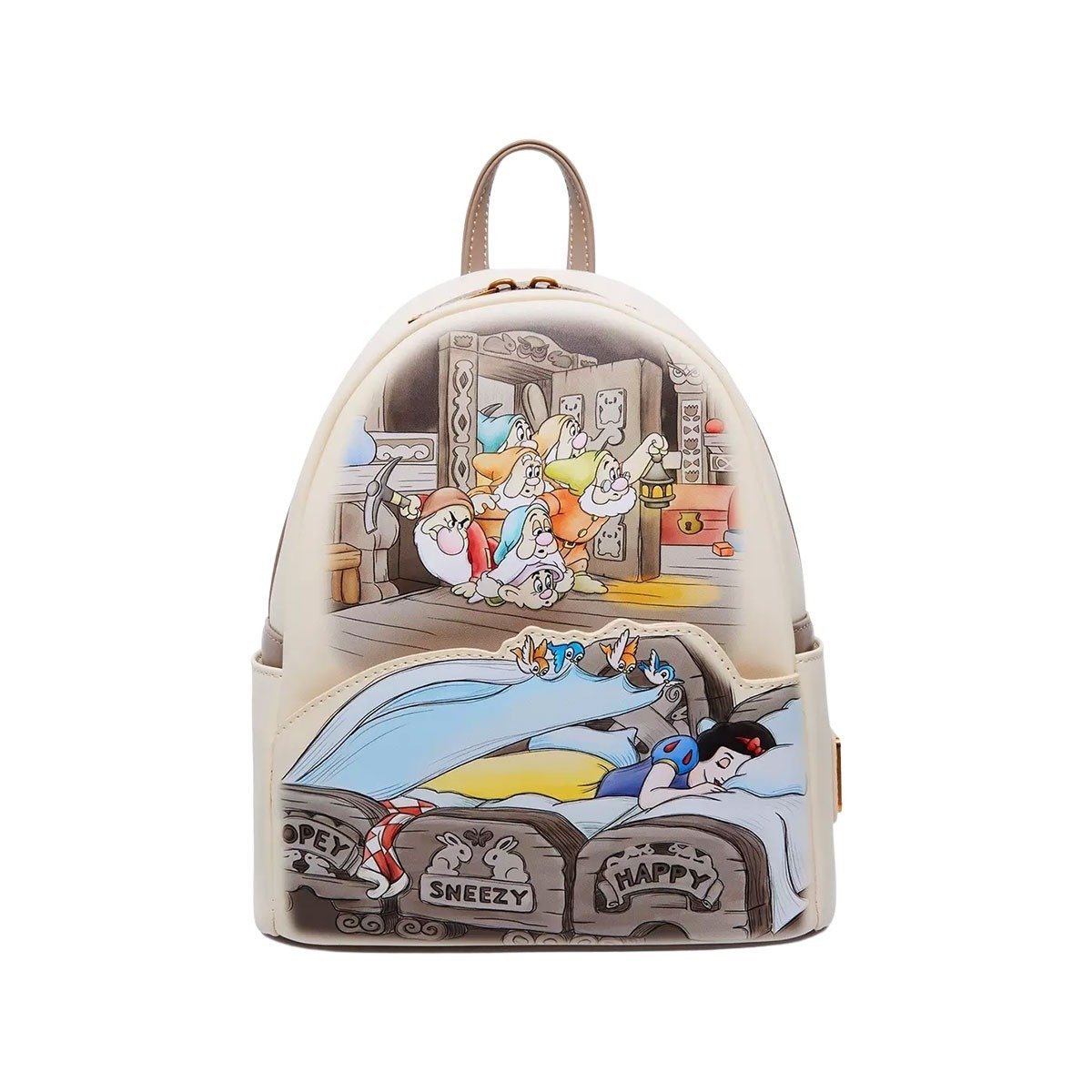 A mini backpack featuring a vibrant illustration of Snow White sleeping in bed with three birds on her pillow, while the seven dwarfs are in the background, looking at her. The beds are labeled with the names "Dopey," "Sneezy," and "Happy."