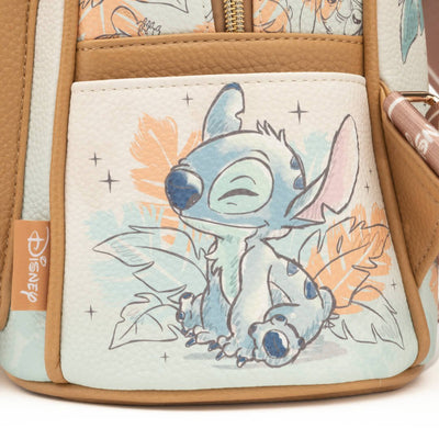 Close-up view of Stitch depicted in a relaxed and happy state, sitting amidst light pastel illustrations of leaves and clouds.