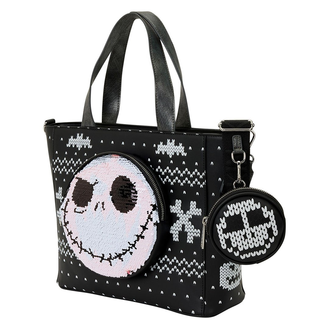Loungefly Disney The Nightmare Before Christmas Jack Skellington Reversible Sequins Tote Crossbody Bag with Coin Bag