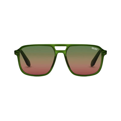 Quay Unisex On The Fly Retro Square Aviator Sunglasses Green Frame/Green to Brown Lens - Front