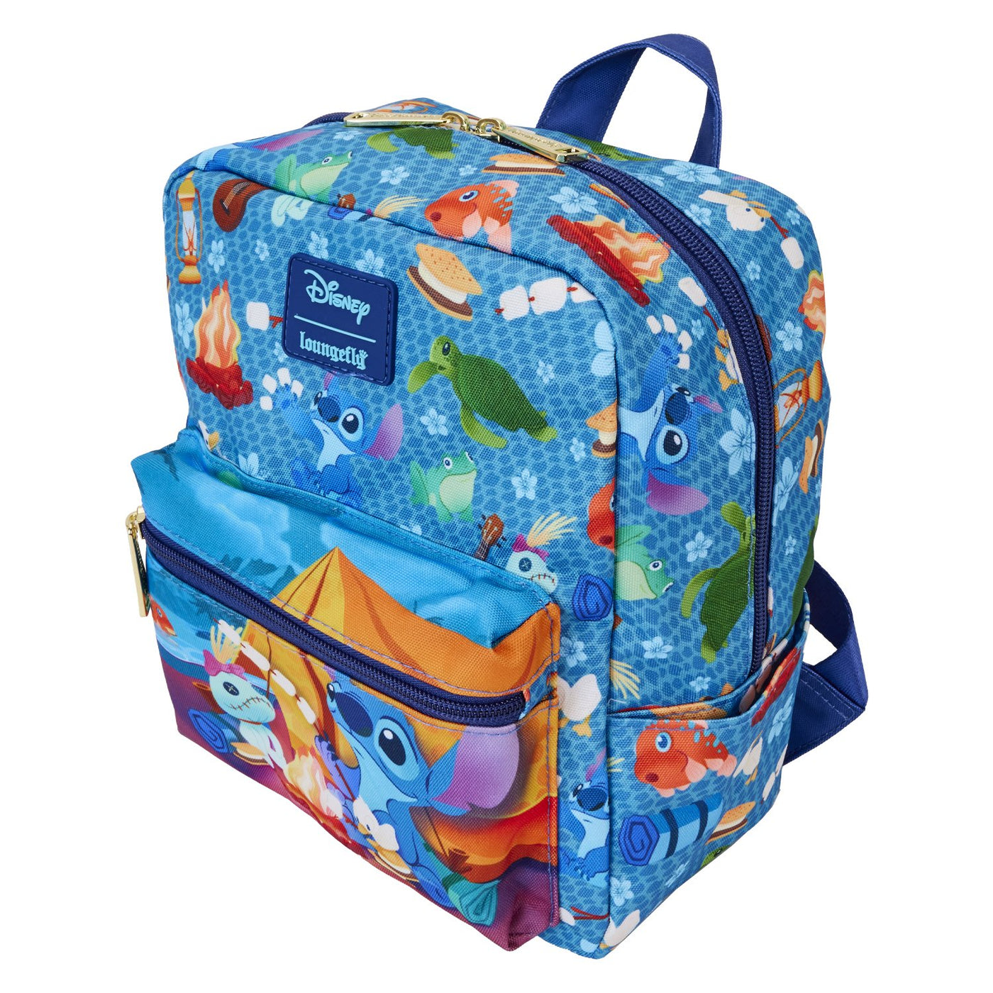 WDBK3646 - Loungefly Disney Lilo & Stitch Camping Cuties Allover Print Nylon Mini Backpack - Top View