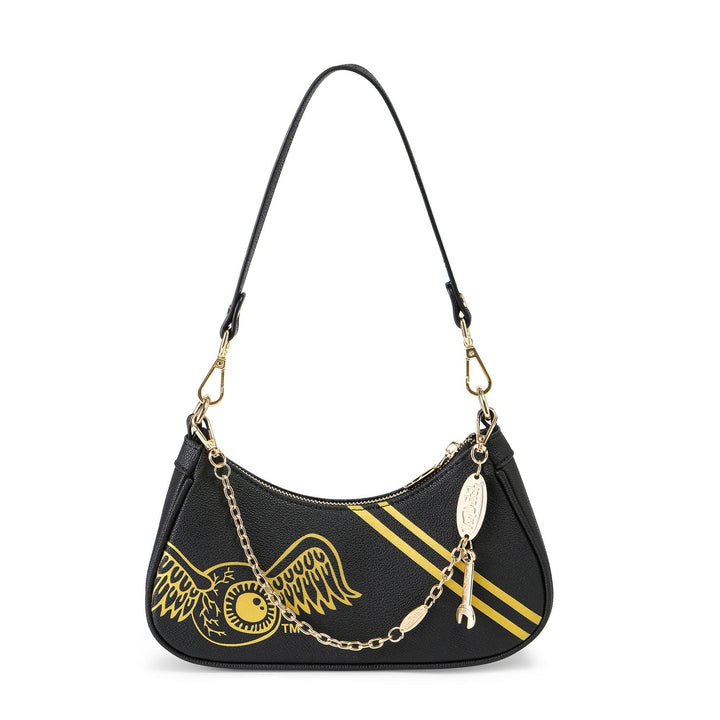 Von Dutch Womens Classic Shoulder Bag – Stylish Handbag with Adjustable Strap, Spacious Interior, and Iconic Logo Design (Black and Gold)