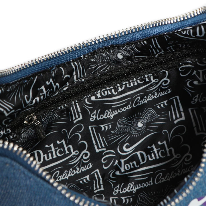 Von Dutch Womens Graphic Shoulder Bag – Stylish Handbag with Adjustable Strap, Spacious Interior, and Iconic Logo Design (Orange and Purple Multi-Logo Denim)