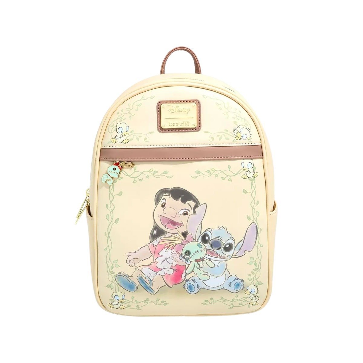 Front of the backpack: Featuring Lilo and Stitch with a stitched doll, surrounded by decorative foliage and small ducklings.