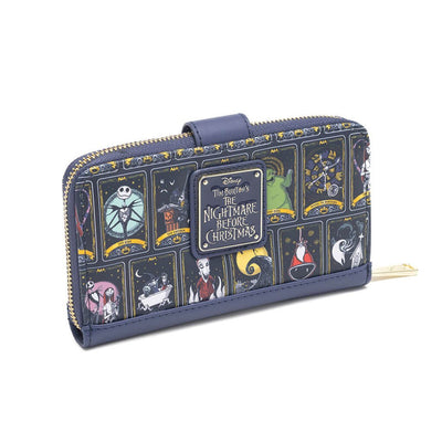 The angled view of the Loungefly Disney Nightmare Before Christmas backpack and wallet set, highlighting the detailed allover tarot card print and the Nightmare Before Christmas logo.