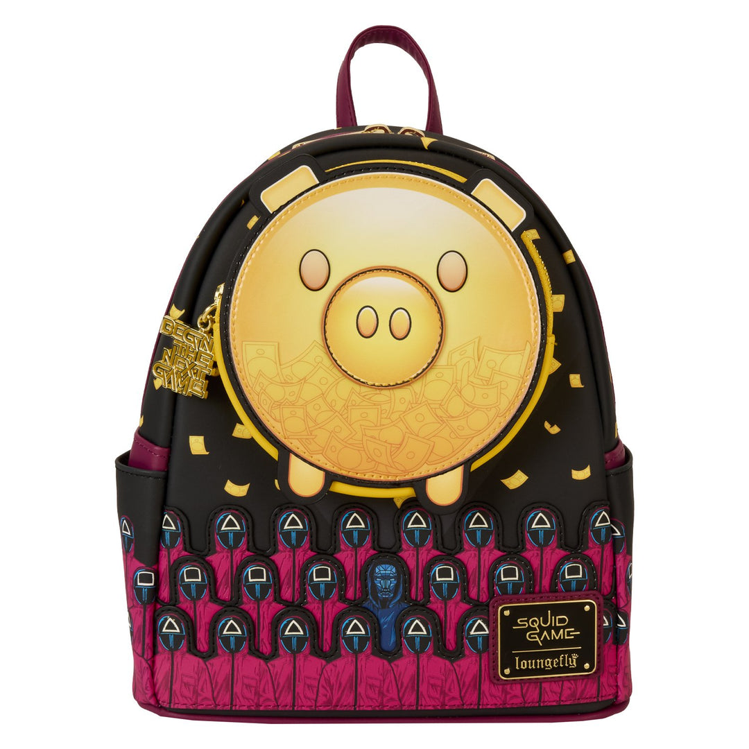 671803532793 - Loungefly Netflix Squid Game Piggy Bank Masked Men Glow Mini Backpack - front  