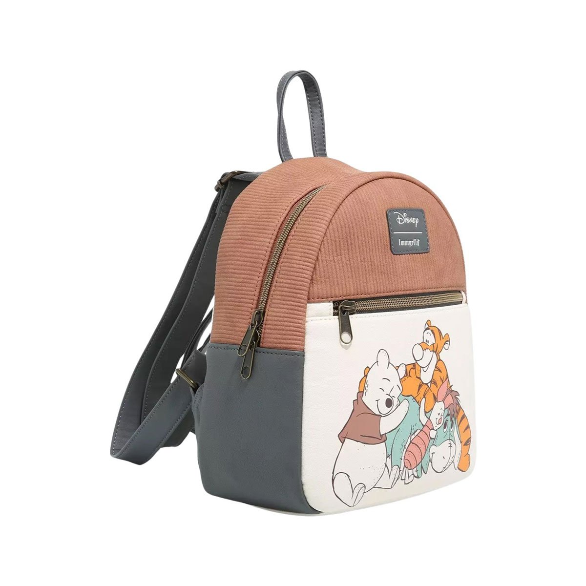 Side view of the mini backpack featuring Winnie the Pooh, Tigger, Piglet, and Eeyore hugging on the front pocket. The backpack has a brown and gray color scheme with a Disney Loungefly logo on the top.