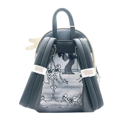 Rear view of the Loungefly Disney Mickey Mouse Haunted House Mini Backpack, with black straps and an illustration of dancing skeletons.