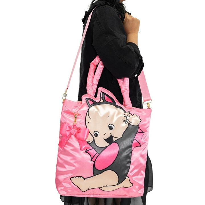 Whatever Makes You Happy Kewpie Black Bat Puffy Tote Bag with Ribbon Charm