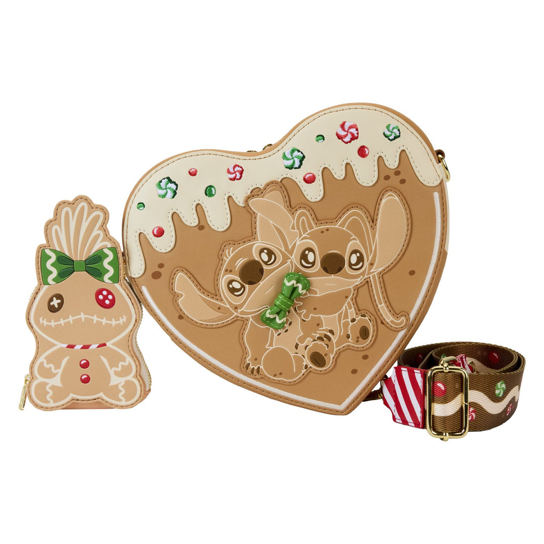 671803526167 - Loungefly Disney Lilo &amp; Stitch Scented Angel &amp; Stitch Gingerbread Heart Crossbody Bag With Coin Bag - front  