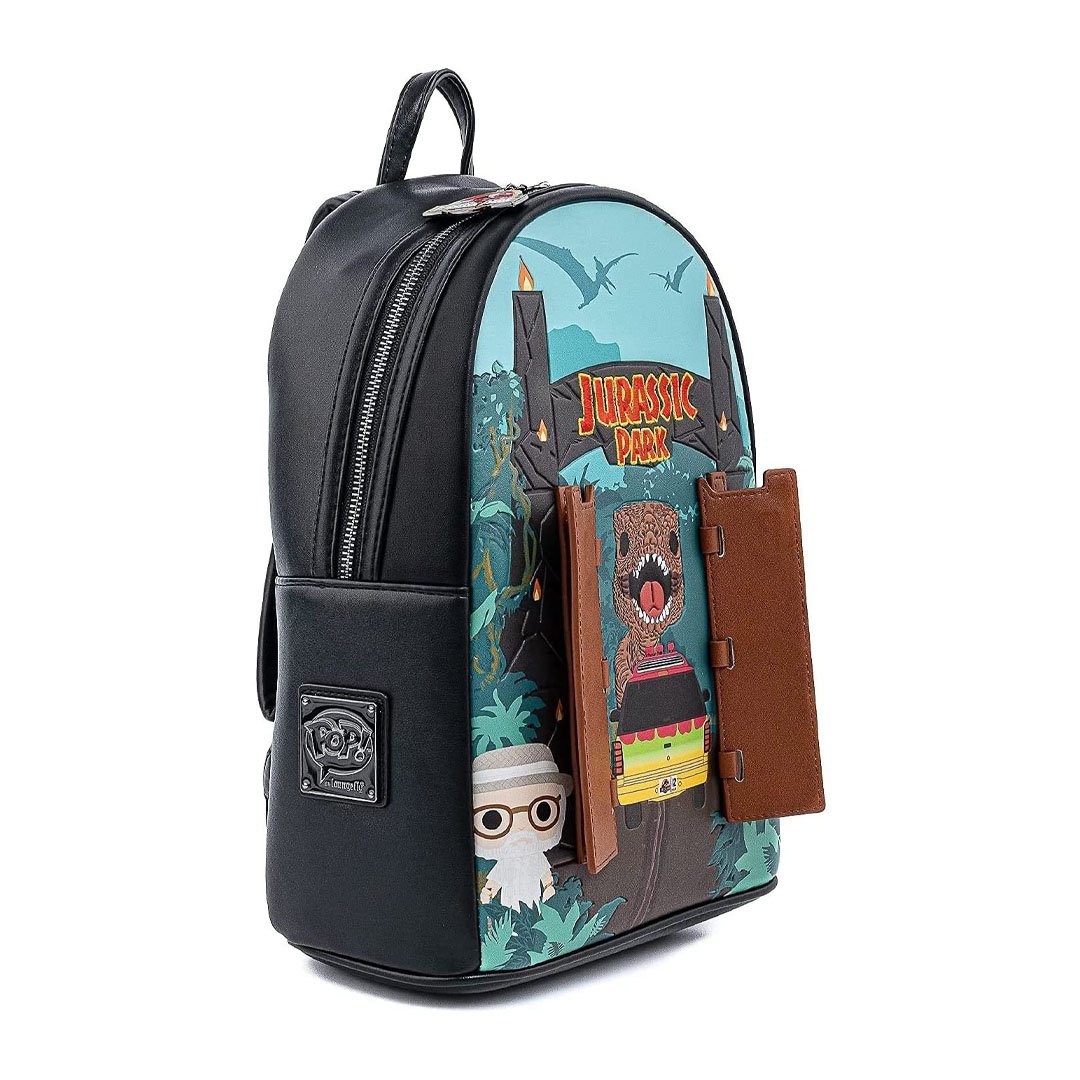 jurassic mini backpack Funko POP! Loungefly Park Gates looming over a forest Loungefly Jurassic Park Mini Backpack