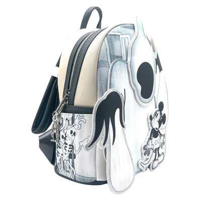 Alternate side view of the Loungefly Disney Mickey Mouse Haunted House Mini Backpack, highlighting the ghost's other arm and more haunted house illustrations.