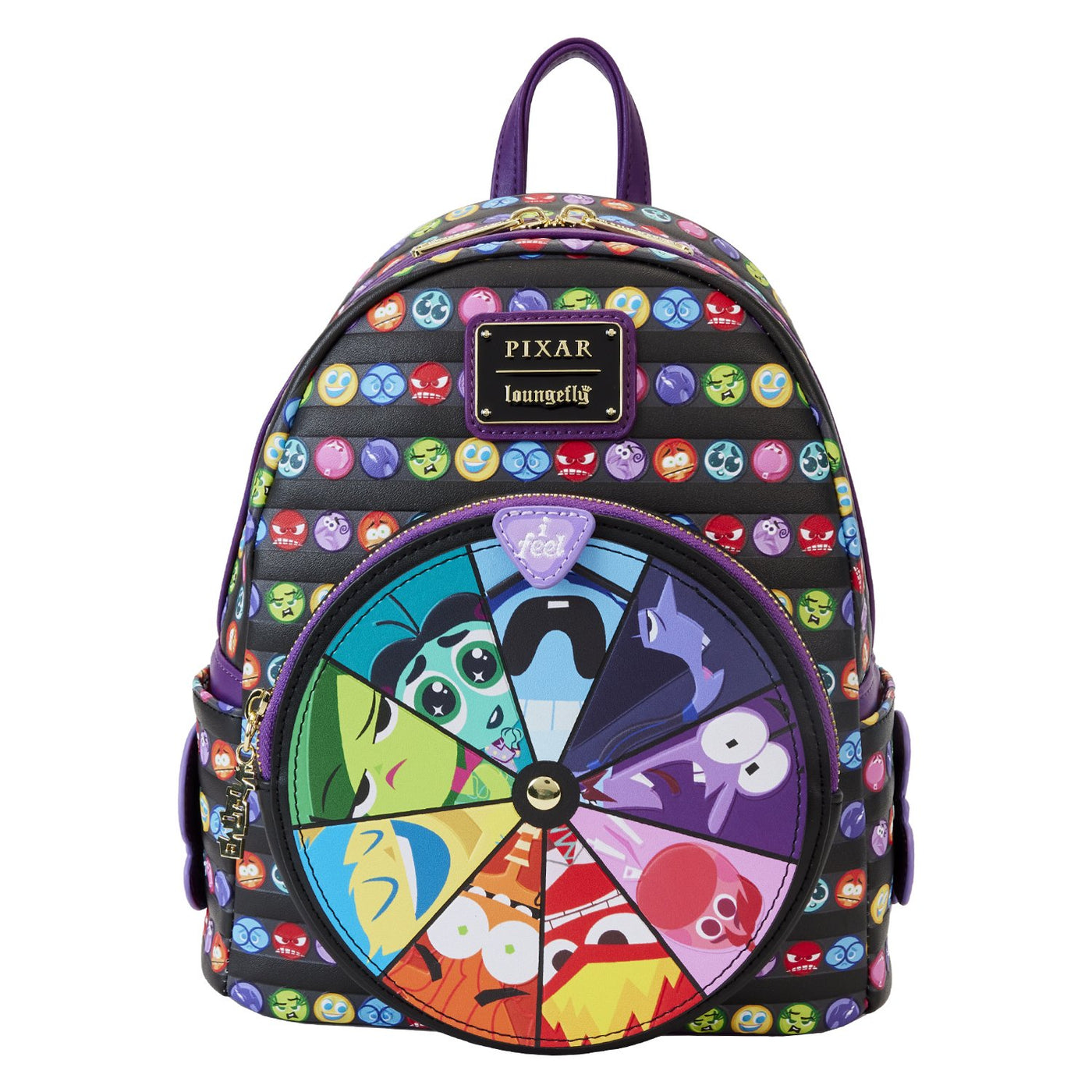 Loungefly Pixar Inside Out 2 Core Memories Mini Backpack - Front Spinning Feature Landing on Sadness