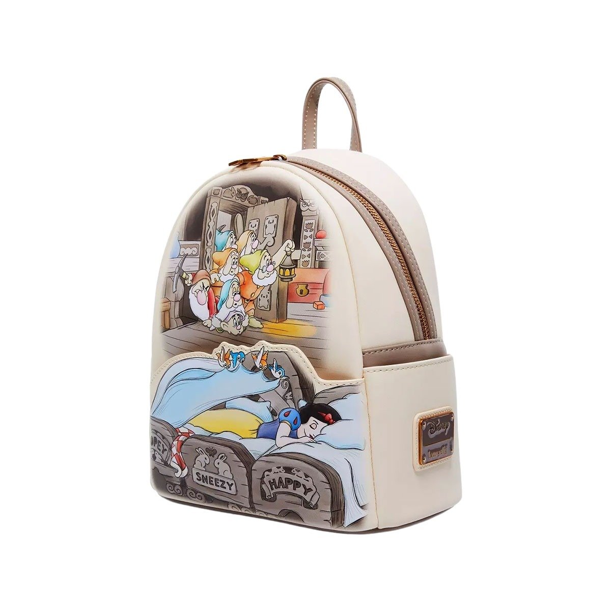 The mini backpack from a front-left side angle, again displaying the Snow White and seven dwarfs scene with an emphasis on the side pocket and the main compartment zipper.